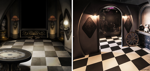 游戏《DEEMO》里的房间(左)，透过店内装置艺术(右)实现在粉丝面前
